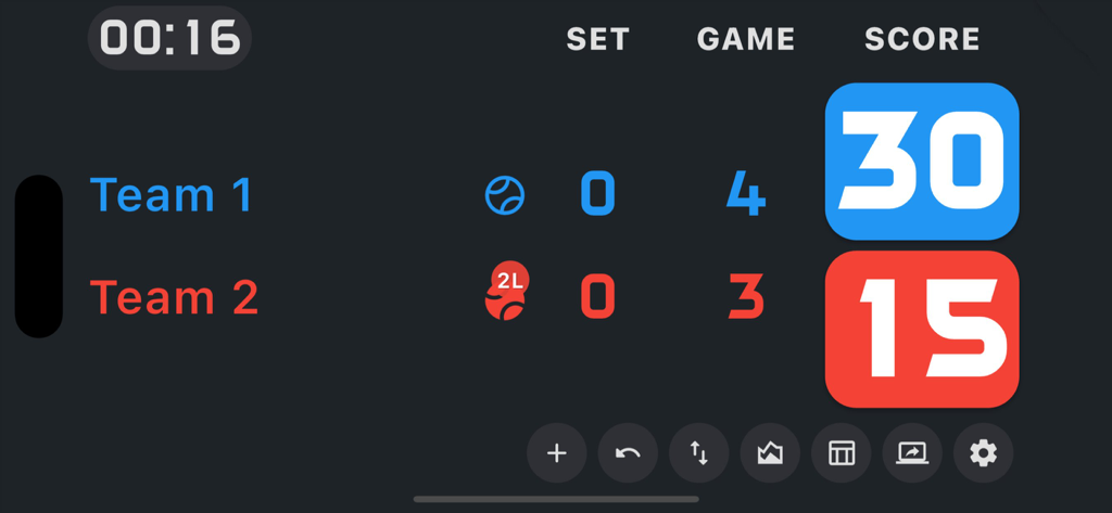 Padel scoreboard - Padel scoreboard app display showing current match scores games and sets for two teams