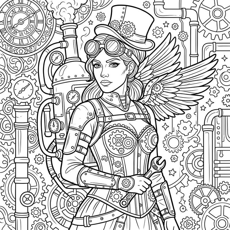 Embark on a creative journey with this stunning steampunk self-portrait coloring page, featuring a detailed visionary in a world of gears and Victorian innovation. Perfect for those who love mechanical fantasy and intricate designs, this page offers a captivating escape for your artistic expression.