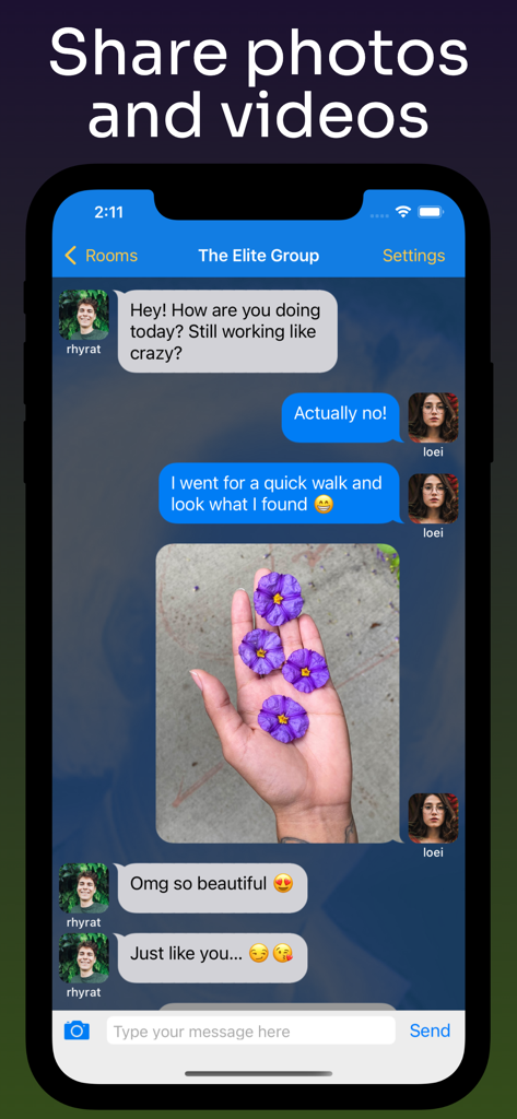 Anonymous Chat Rooms - NoName - A mobile group chat interface in the NoName app showing users sharing messages and a photo.