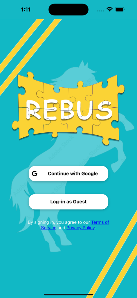 Rebus Puzzle: Brain Teaser - Login screen for Rebus Puzzle Brain Teaser showing Continue with Google and Log-in as Guest buttons over a teal background with a horse silhouette