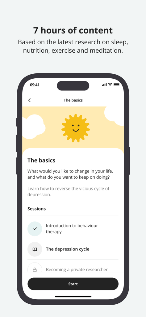 행동 치료 코스 세션 및 우울증 치료를 위한 과학적 근거 기반 교육 콘텐츠를 보여주는 Flow 앱 인터페이스