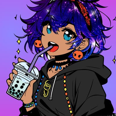 hot baddie anime girl drinking boba and biting the straw
