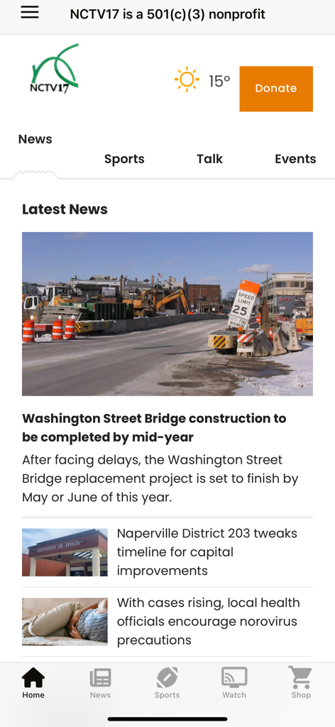 NCTV17 - Écran d'accueil de l'application NCTV17 affichant les derniers titres d'actualités locales pour Naperville Illinois
