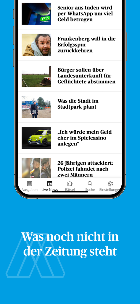 Aachener Zeitung E-Paper mobile App mit dem Live-Nachrichten-Feed und lokalen deutschen Schlagzeilen.