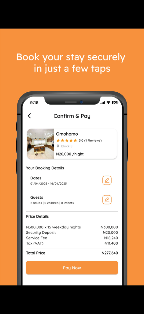 Shrbo - Shrbo app checkout screen with property details and secure pay now button