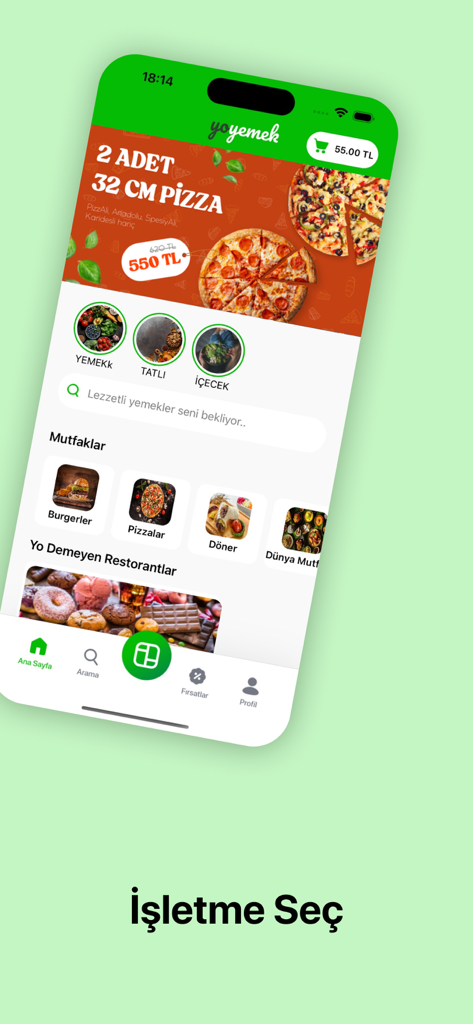 YOUR ORDER - Tela inicial do aplicativo móvel Your Order mostrando promoções de pizza e categorias de comida turca