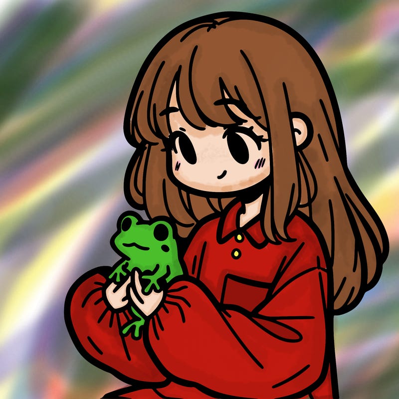 girl with long hair and a oversized shirt. and she is holding a frog