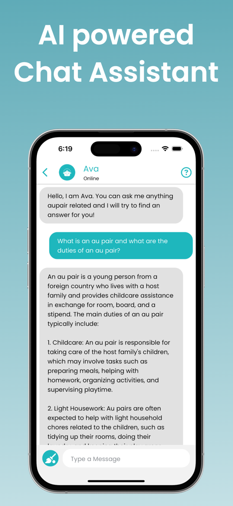 Interfaz de la aplicación móvil Aupair Valley mostrando el asistente de chat impulsado por IA, Ava