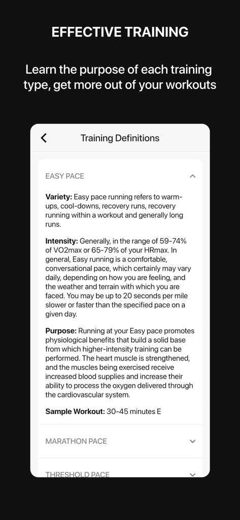 A screen from the VDOT Running Calculator app detailing the definition and purpose of Easy Pace training.