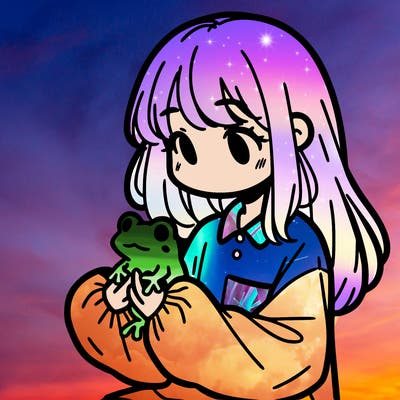 girl with long hair and a oversized shirt. and she is holding a frog