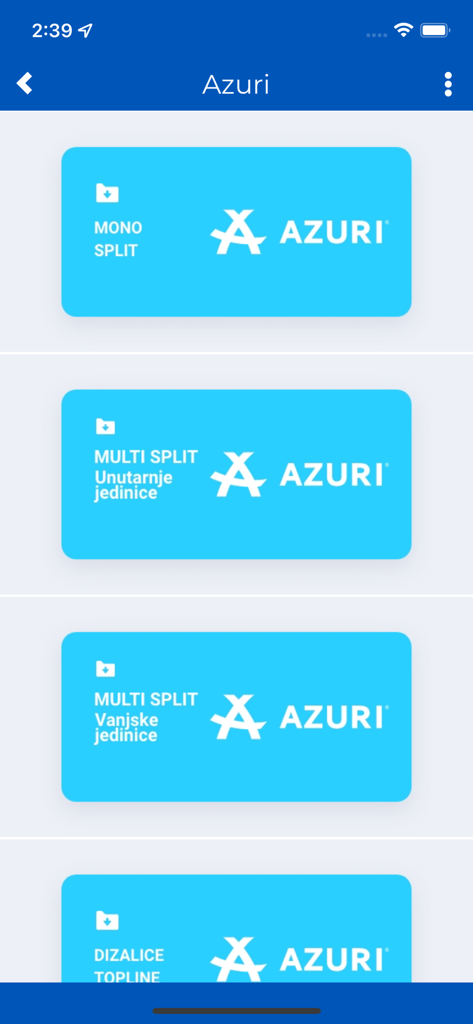 DELTRON Digital - Screenshot of the Deltron Digital app showing Azuri HVAC product categories like Mono Split and Multi Split units