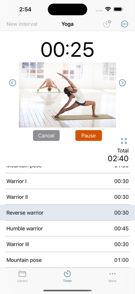 Next Up Pro - Interval Timer - Next Up Pro app interface showing a yoga interval timer with a list of poses and a custom exercise image.