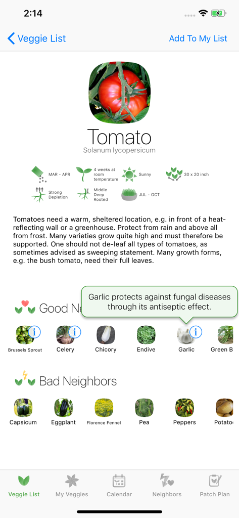 Profil détaillé de la plante de tomate montrant les exigences de croissance et les recommandations de plantation associée dans l'application Veggie Garden Planner.