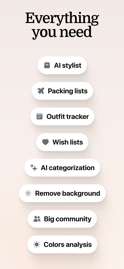 List of key features for the Fits Outfit Planner and Closet app including AI stylist and packing lists