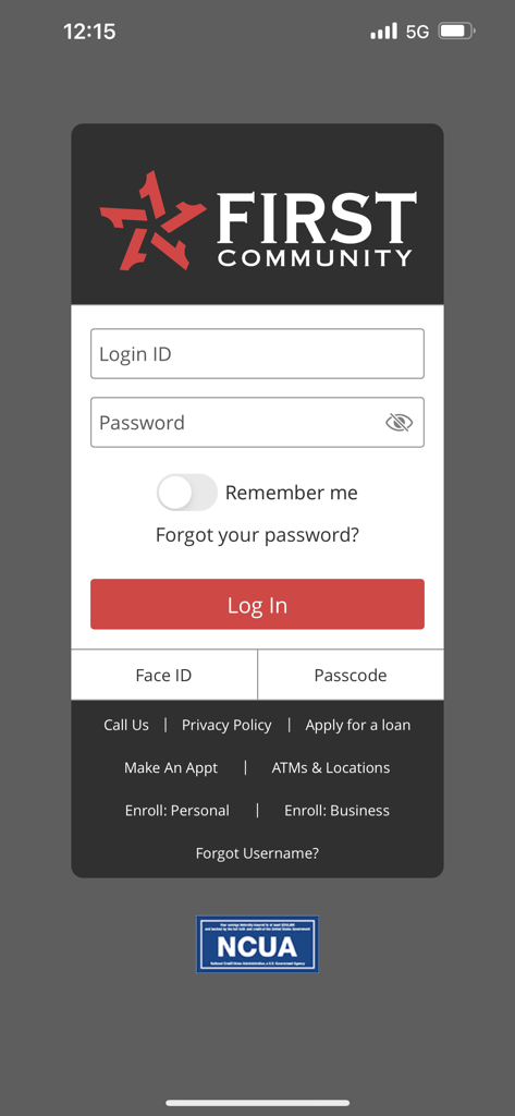 First Community CU Houston - Login screen of the First Community Credit Union Houston mobile app