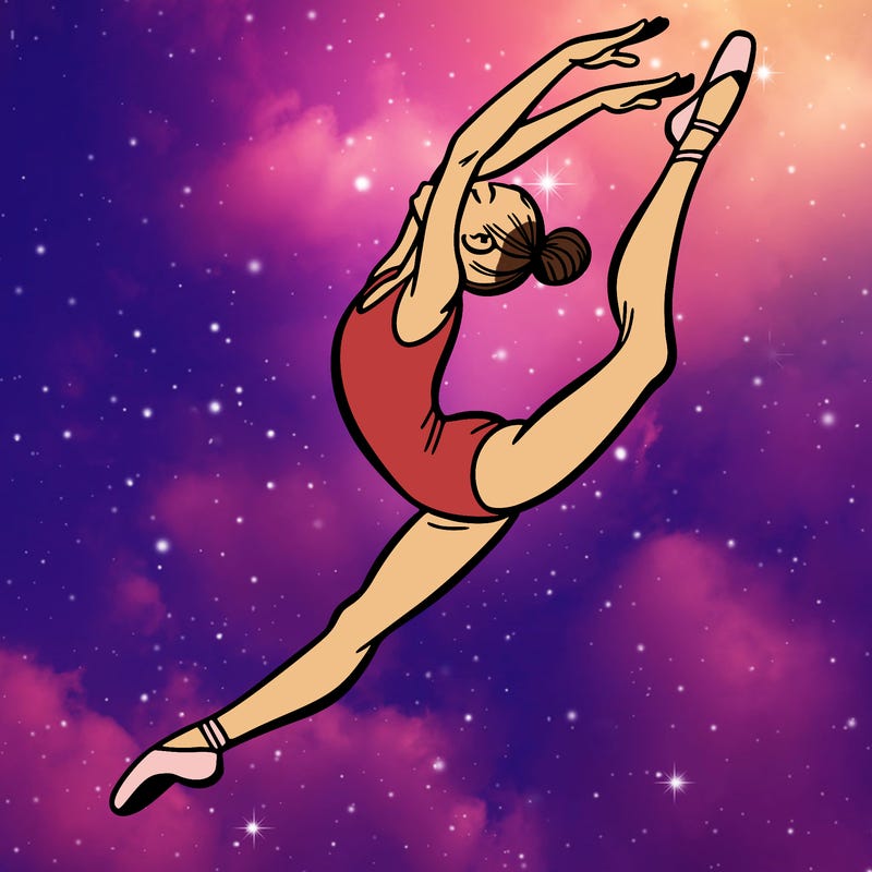 gymnast doing a leap in a leotard with a bent back leg