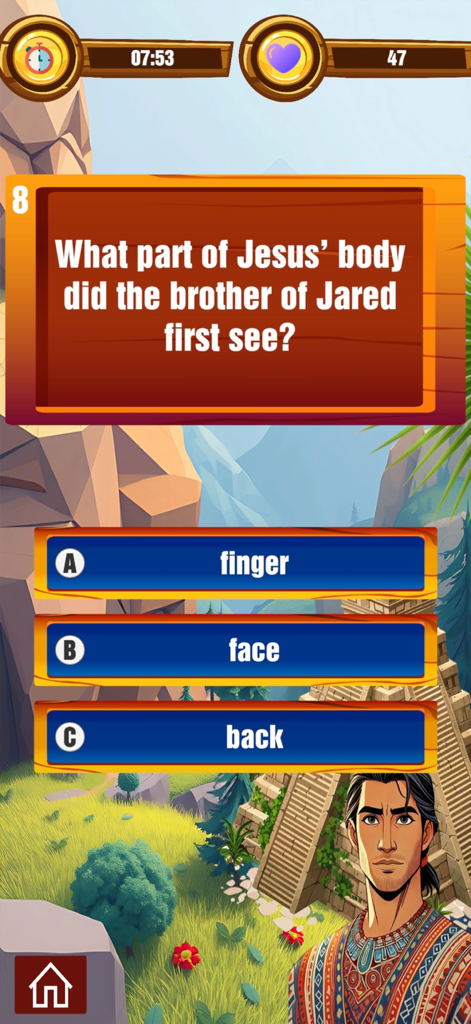 Book of Mormon Trivia - A mobile trivia game screen showing a question about the brother of Jared with multiple choice options.