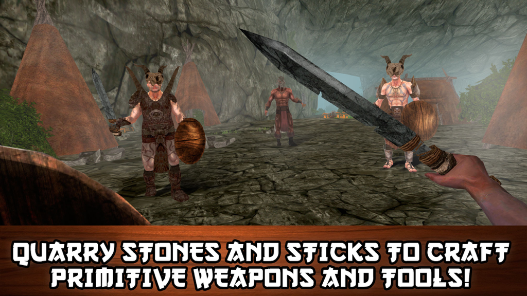 Primal Island Survival Simulator 3D - First person perspective of a player holding a primitive sword facing tribal warriors in a prehistoric camp