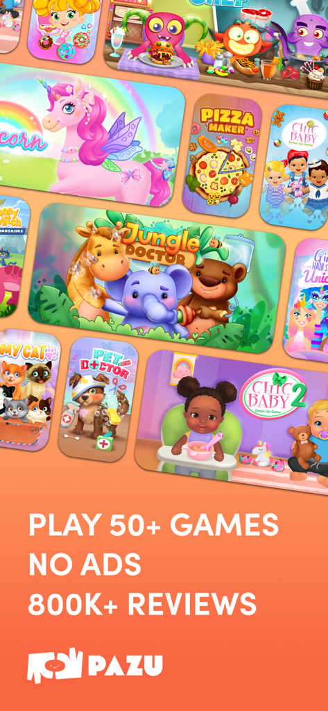 A collage of various Pazu educational kids games including Chic Baby 2 and Jungle Doctor with a no ads label