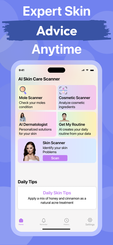 The home screen of the AI Skin Care Scanner app featuring different AI analysis tools and daily skin care tips