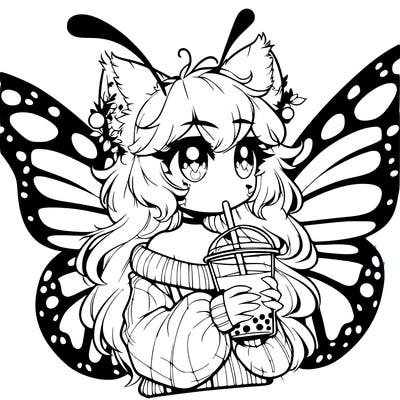 a realistic butterfly/furry girl drinking boba