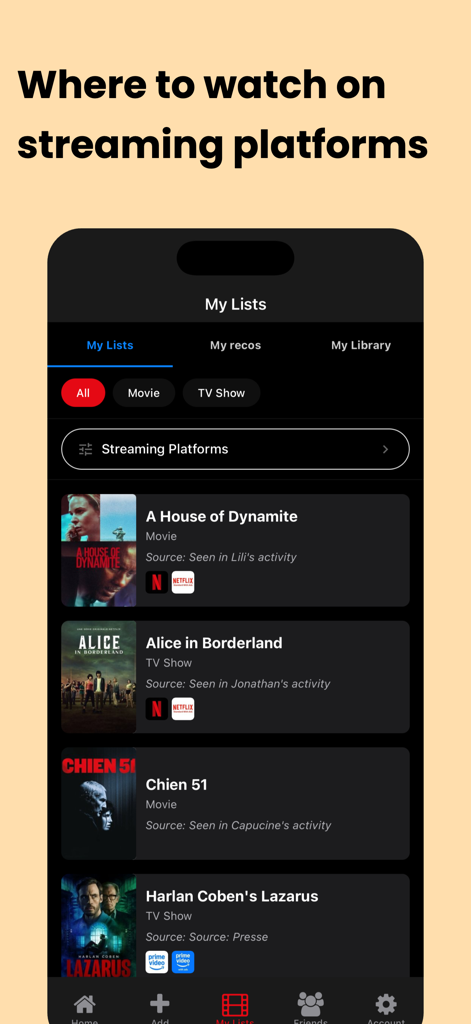 CinéList - Interfaz de la aplicación CinéList que muestra una lista de películas y programas de televisión con disponibilidad en plataformas de streaming como Netflix y Prime Video.