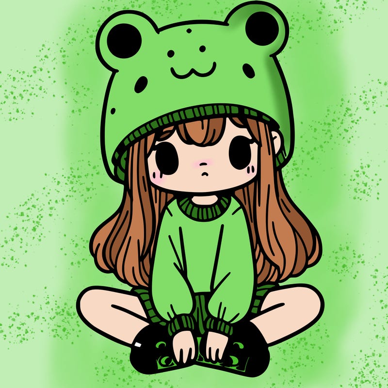 a girl wearing a frog hat and some frog socks