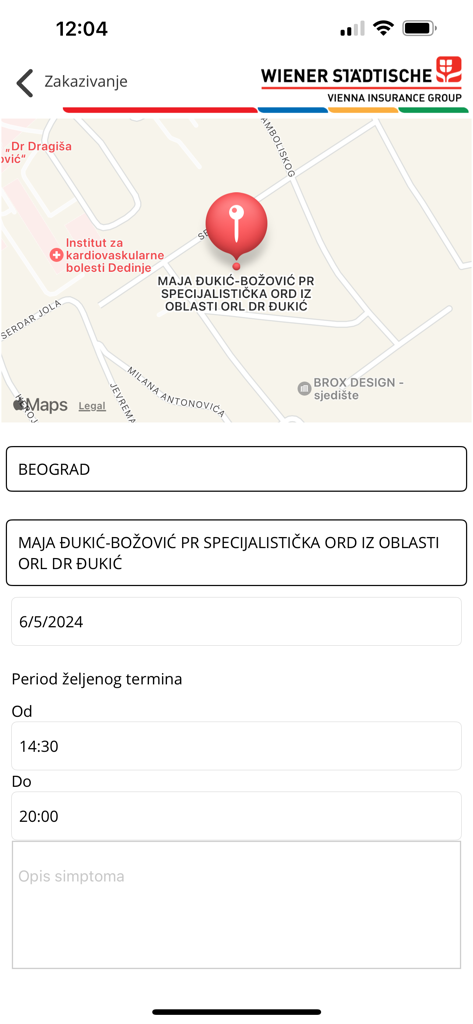 Wiener Zdravlje app screen for scheduling a medical appointment featuring a clinic map and appointment details.