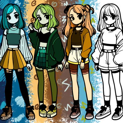 one girl with crop-top shirt and a jacket with a skirt, long socks and another girl with a shirt and pants with a jacket