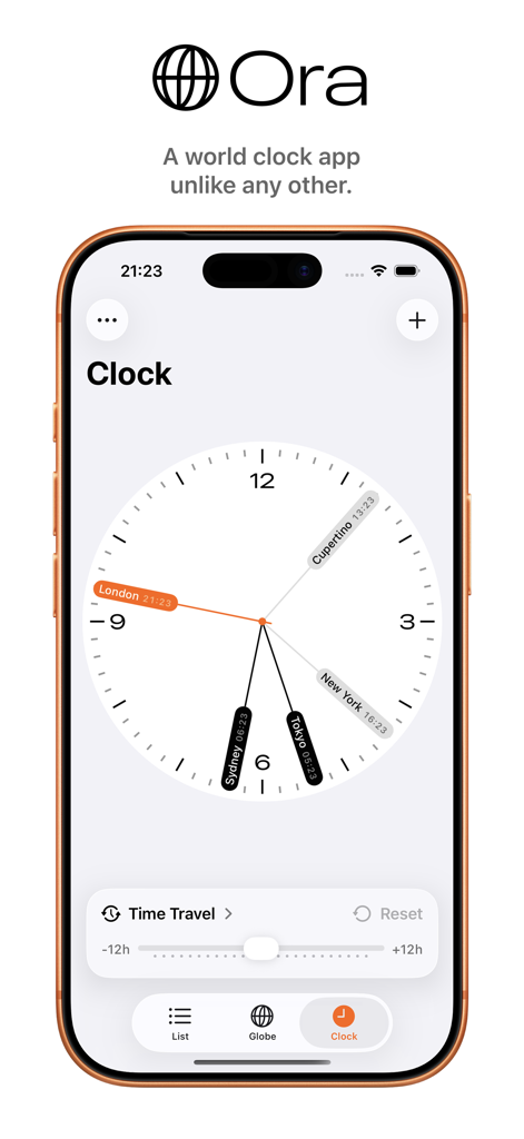 Ora: World Clock - Ora world clock app interface showing multiple city time zones on an analog dial with time travel slider