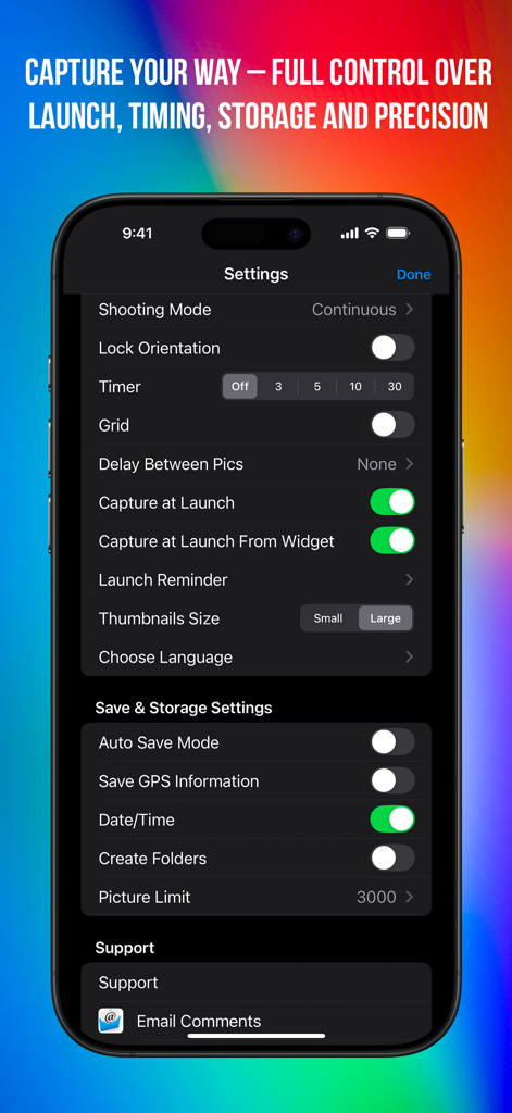 Fast Camera - A mobile screen showing the Fast Camera app settings for shooting mode timer and storage management