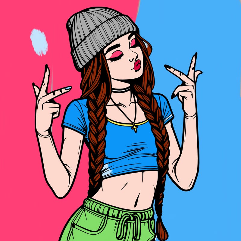 realistic teenage girl with braids and a beanie and crop top doing 🫶🏼