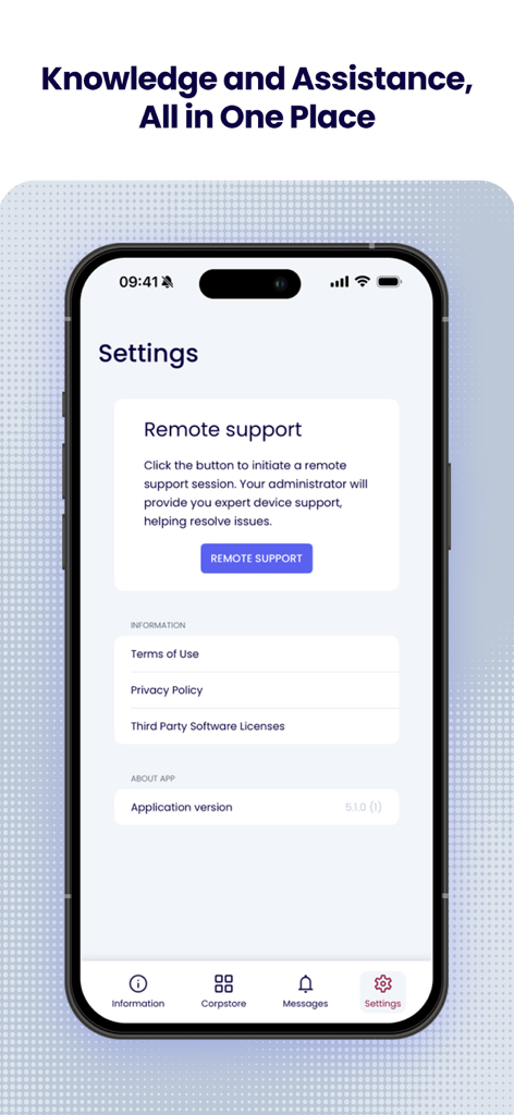 Essentials MDM - Settings screen of Essentials MDM app showing a remote support button and legal information links
