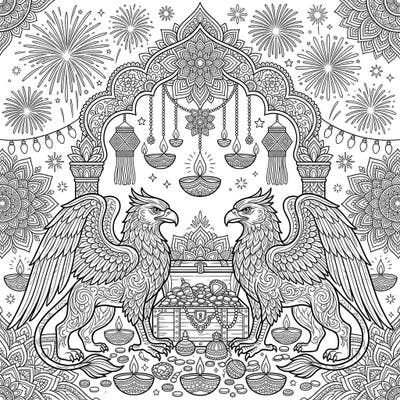 Dive into a world where myth meets festivity with our Golden Griffins Diwali coloring page. This intricate design invites you to adorn majestic guardians and a dazzling treasure trove amidst a vibrant Diwali celebration.