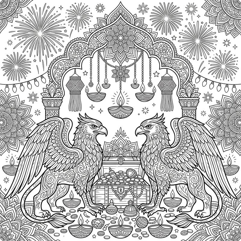 Dive into a world where myth meets festivity with our Golden Griffins Diwali coloring page. This intricate design invites you to adorn majestic guardians and a dazzling treasure trove amidst a vibrant Diwali celebration.