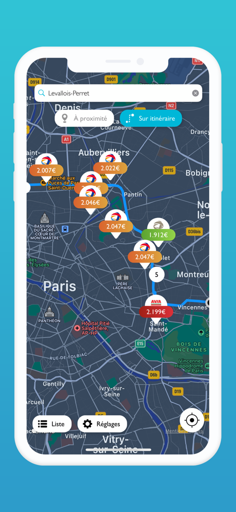Prix Carburant - France - Interface de carte d'application mobile montrant les prix du carburant et les emplacements des stations-service à Paris, France