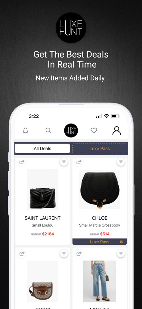 Luxe Hunt mobile App-Oberfläche mit Echtzeit-Angeboten für Designermarken wie Saint Laurent und Chloe