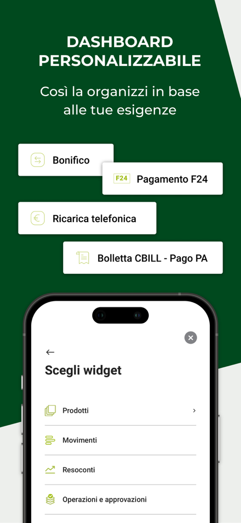 Una pantalla móvil de la aplicación RelaxBanking que muestra opciones para personalizar el panel con widgets bancarios