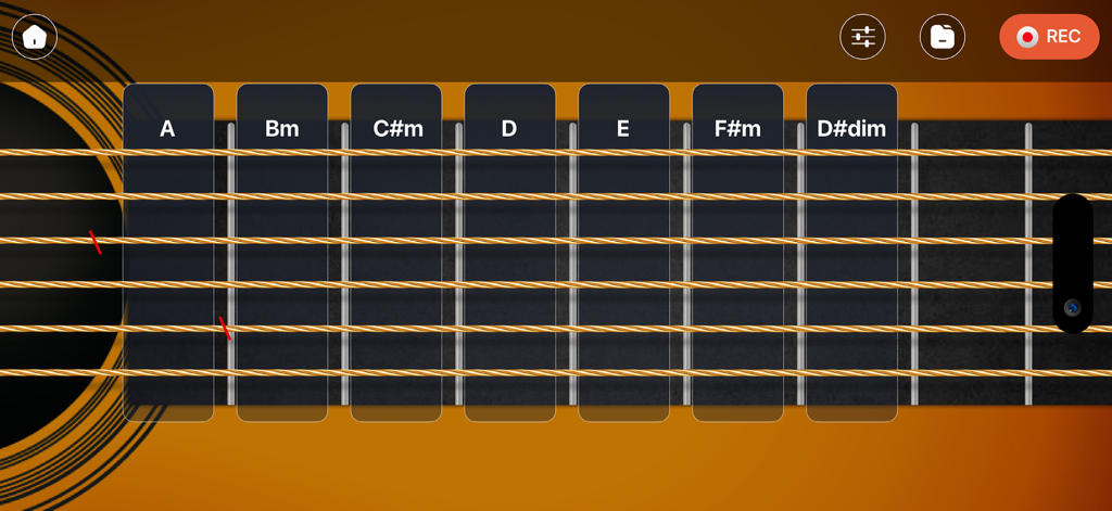 GuitarBase: Play, Learn Guitar - Interfaz de la aplicación GuitarBase que muestra un diapasón de guitarra virtual con varias etiquetas de acordes para el aprendizaje móvil.