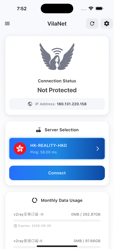 VilaNet - Screenshot of the VilaNet app interface showing the connection status server selection and data usage