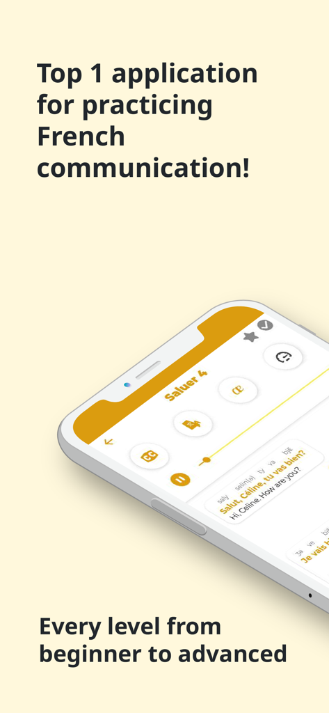 French ー Listening・Speaking - Smartphone screen showing French conversation practice with audio controls in the French Listening Speaking app