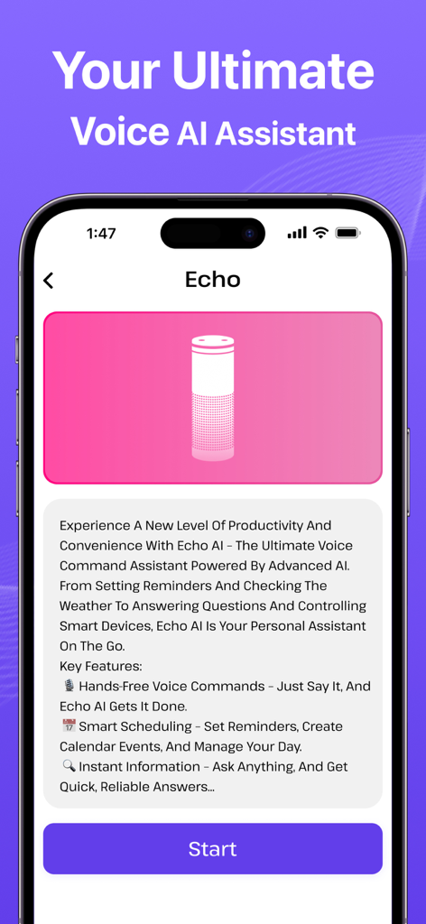 AI Voice Commands Assistant - AI Voice Commands Assistant app screen showing Echo AI features and smart speaker integration