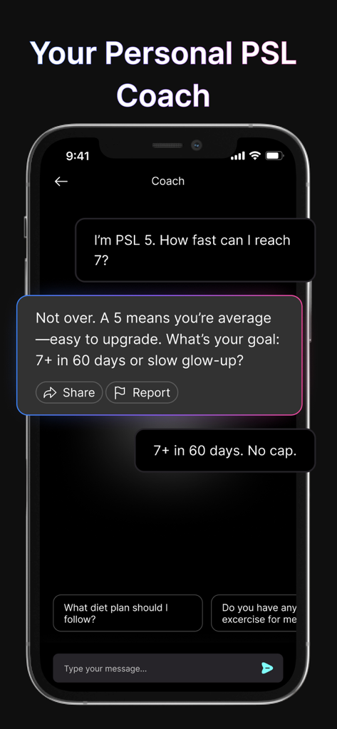 PSL AI-Jawmax,Looksmax & Mog - Smartphone screen showing a chat conversation with a personal AI coach about improving physical appearance scores.