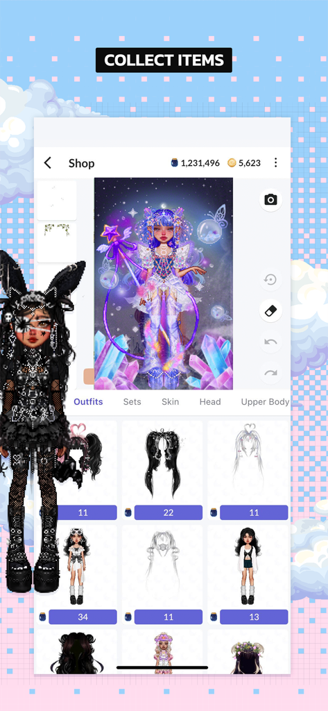 Everskies in-game shop displaying various avatar outfits and fashion accessories for collection
