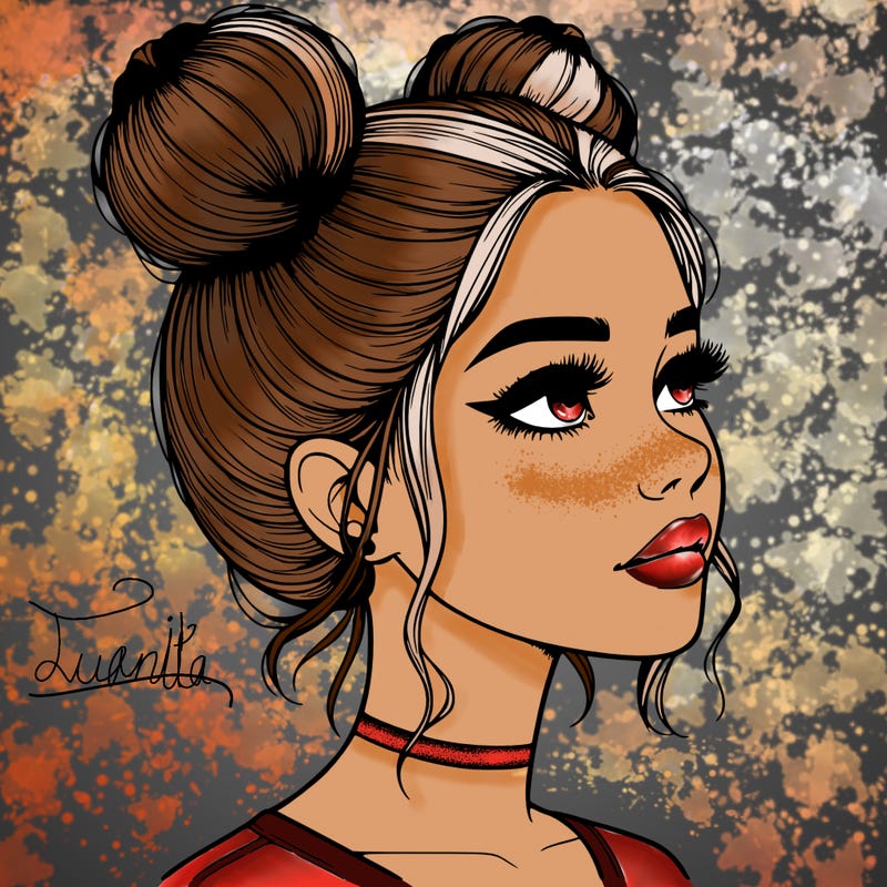 realistic girl with buns on the top of her head