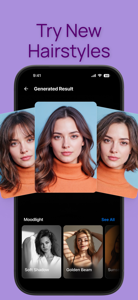 AI Image Generator - VisuAI - VisuAI mobile app interface showing a woman trying different AI generated hairstyles