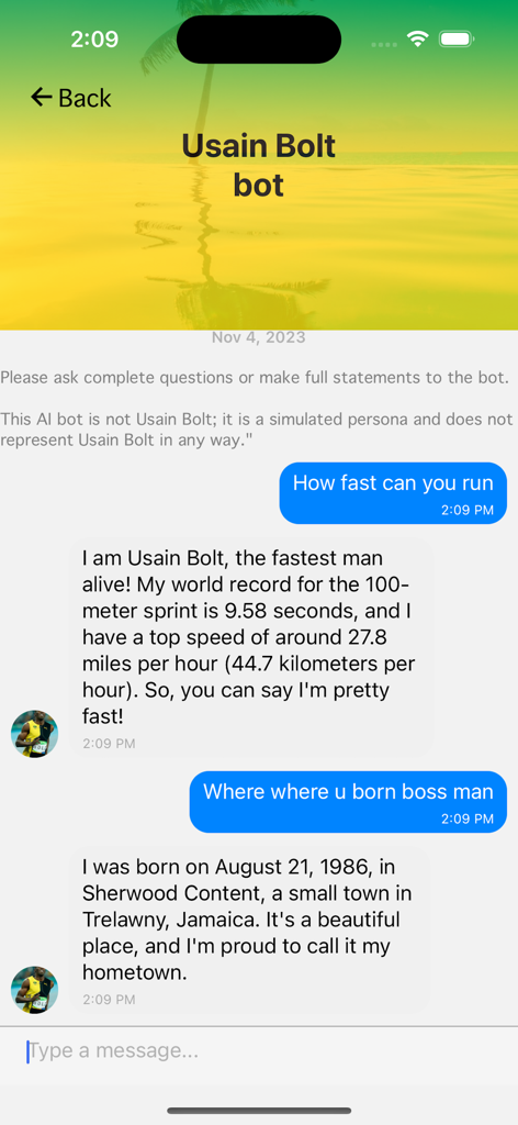 Captura de pantalla de la aplicación JamrAAk con un chatbot de IA de Usain Bolt respondiendo preguntas culturales y personales.