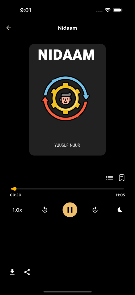 IFIYE Somali Audiobooks - IFIYEソマリ語オーディオブックアプリのインターフェース。Yuusuf Nuurによる書籍「Nidaam」の再生画面が表示されています。