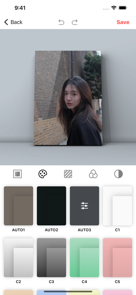 Frame Art: Photo Frames App - A photo of a woman being edited in the Frame Art app with several background and frame options available below.