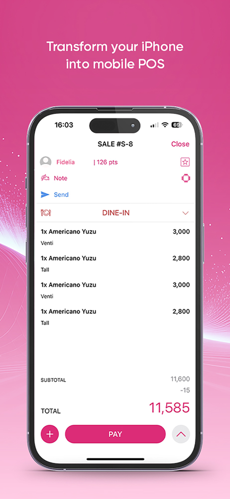 bePOS - Super Point of Sale - iPhone screen displaying the bePOS mobile point of sale interface for customer transactions